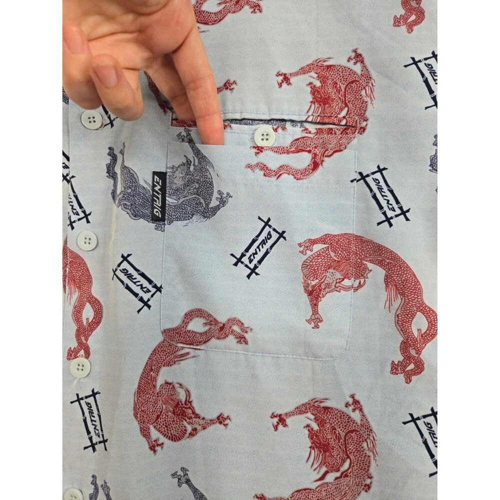 Vintage ENTRIG Dragons Asian Short Sleeve Button Front Casual Shirt Men's XL Y2K